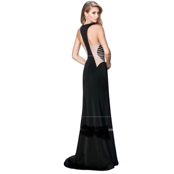 La Femme Sleeveless Mesh Cut Out Bling Formal Full Length Black Evening Dress 8 - Picture 1 of 16